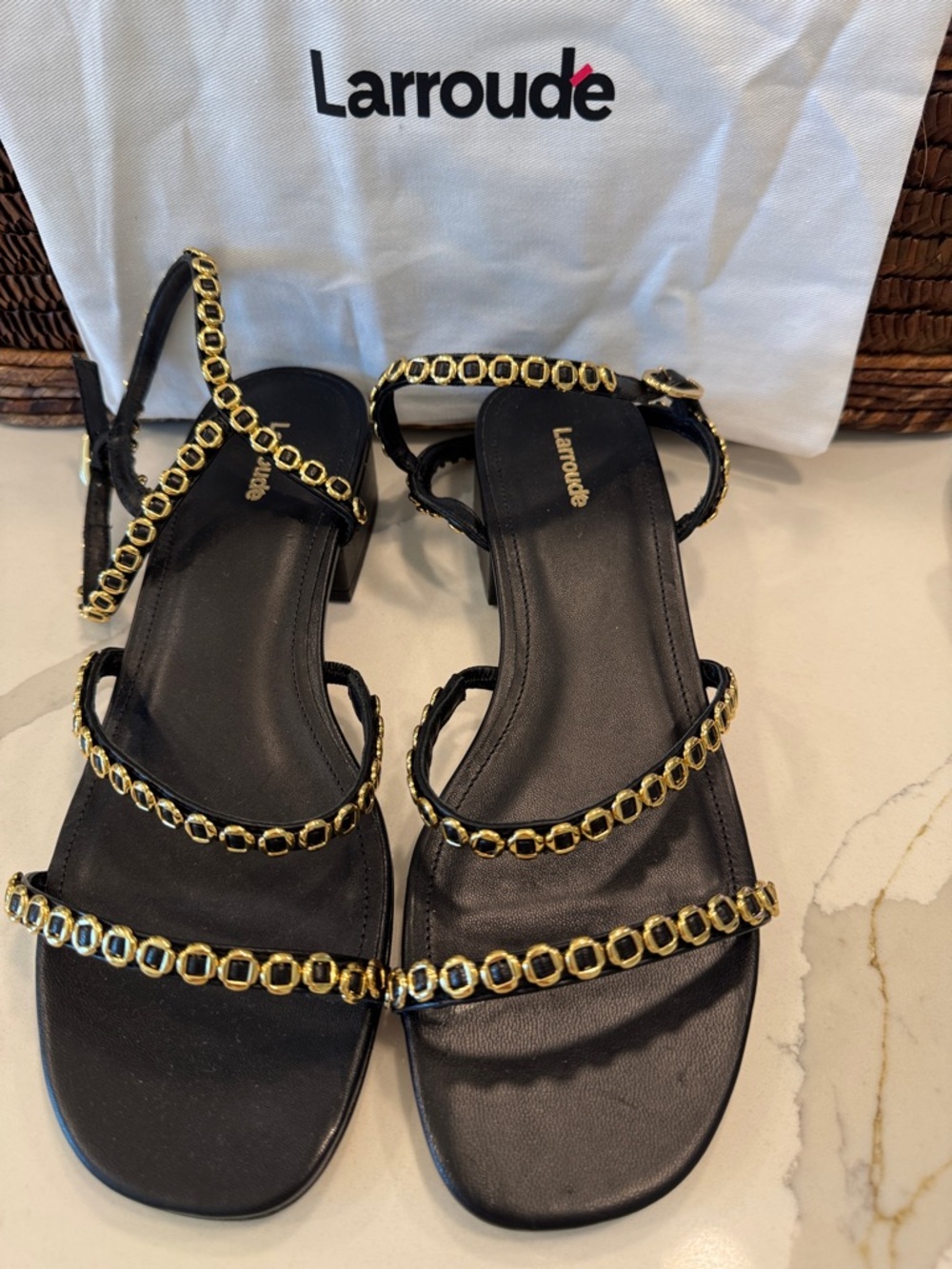 Larroude Black Leather Sandals with Gold Chain Straps 9.5 New